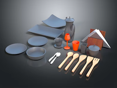 Modern Gray Ceramic Dinnerware Set with Wooden Spoons Forks Bowls Plates and Orange Cups 3d model