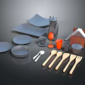 Modern Gray Ceramic Dinnerware Set with Wooden Spoons Forks Bowls Plates and Orange Cups