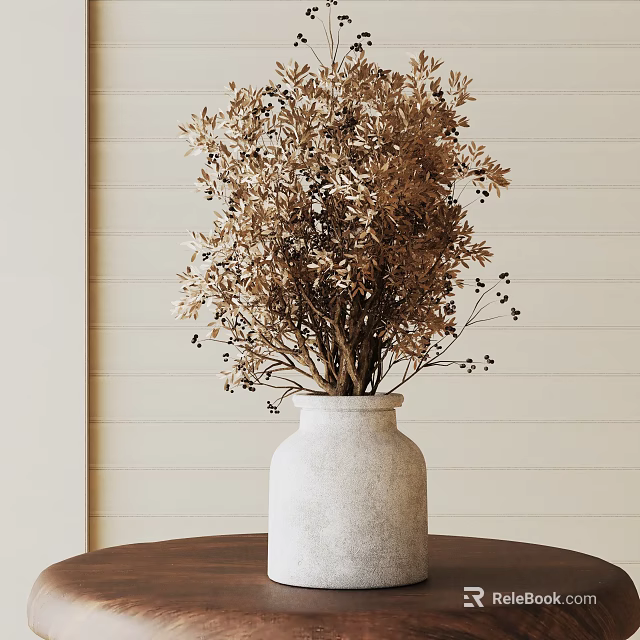 Dried Bonsai Plant in White Vase on Dark Wooden Table Against Light Wooden Wall 3d model 