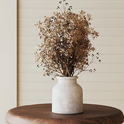 Dried Bonsai Plant in White Vase on Dark Wooden Table Against Light Wooden Wall 3d model