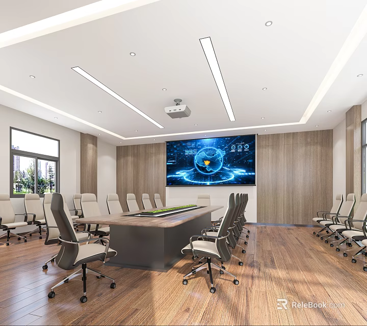 Modern Conference Room Interior With Large Screen Wooden Walls Conference Table And Chairs 3d model 