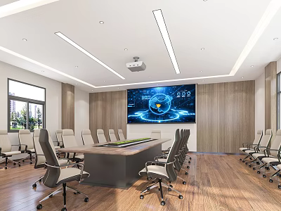 Modern Conference Room Interior With Large Screen Wooden Walls Conference Table And Chairs 3d model