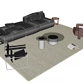Black Leather Sofa Coffee Table Set With Round Metal Table And Beige Rug 3d model