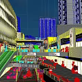 Modern Commercial Street With Multi story Buildings Shops Pedestrians And Bright Night Lighting