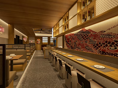 Warm Japanese Restaurant Interior Design With Wooden Elements And Koi Fish Decoration 3d model