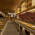 Warm Japanese Restaurant Interior Design With Wooden Elements And Koi Fish Decoration