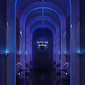 Purple Indoor Space With Circular Starry Sky Ceiling Curved Walls Shiny Black Floor And Sculpture
