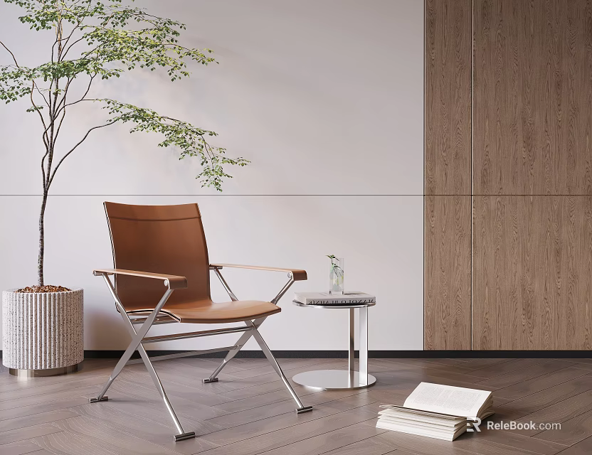 Brown Leather Leisure Chair with Metal Frame in Modern Indoor with Small Table and Plant 3d model 