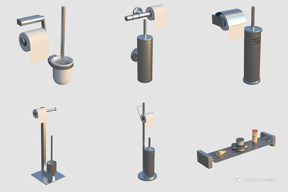 Modern Bathroom Accessories Including Toilet Brush Paper Holder And Shelf Set 3d model 