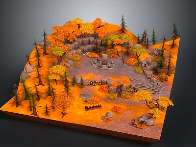 Vibrant Cartoon Scene With Autumn Trees Stone Paths Colorful Leaves And Wooden Benches 3d model
