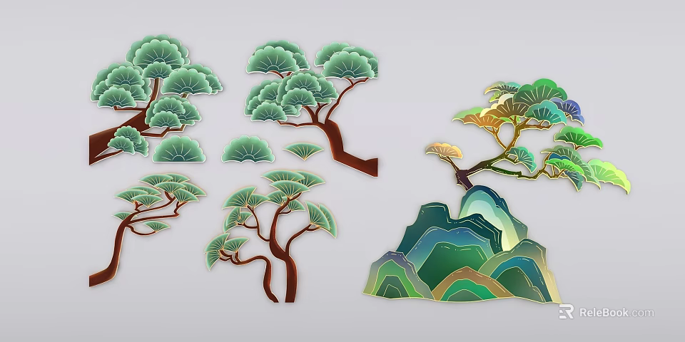 Chinese Style Wall Decor With Pine Tree And Mountain Design Elements 3d model