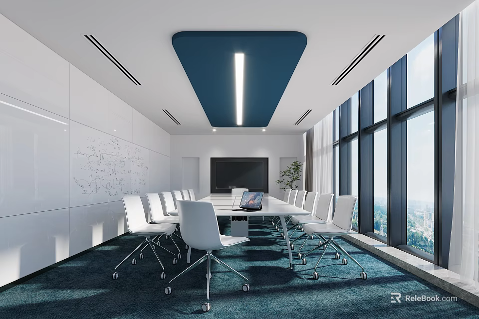 Conference Room Interior with Long Table White Chairs Large Windows and City View 3d model 