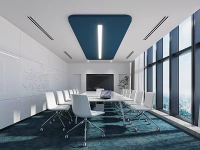 Conference Room Interior with Long Table White Chairs Large Windows and City View 3d model