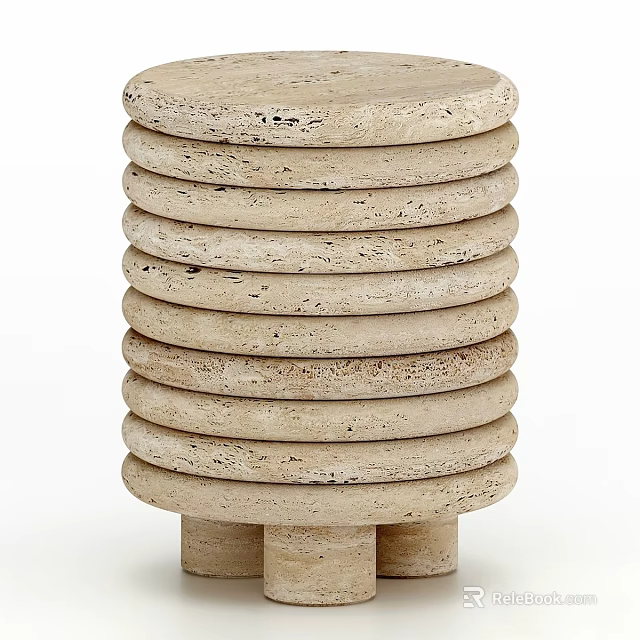 Beige Textured Stone Stool With Round Layered Design And Stable Base 3d model 