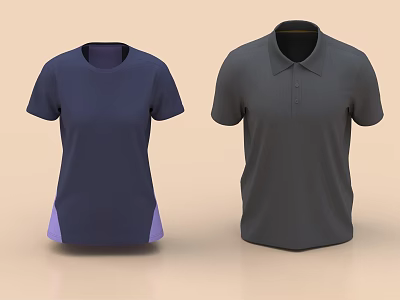 Dark Blue Short Sleeve T Shirt With Purple Hem And Dark Gray Collared Polo Shirt 3d model