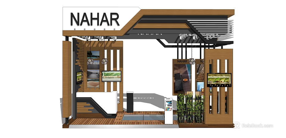 NAHAR Modern Exhibition Booth Design With Wooden Structure Display Screens And Green Plants 3d model 