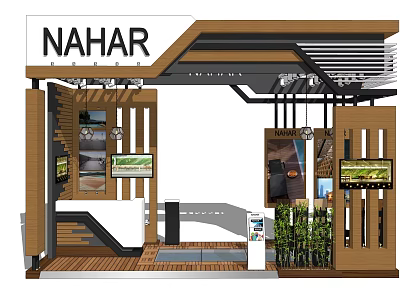 NAHAR Modern Exhibition Booth Design With Wooden Structure Display Screens And Green Plants 3d model
