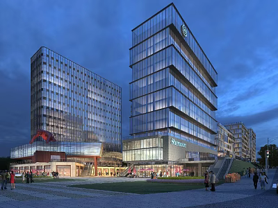 Modern Hotel Building with Glass Curtain Walls in Evening Scene with People Around Commercial Area 3d model