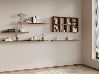 Wooden Wall Shelves With Books Decorative Items And Potted Plant In Modern Beige Room 3d model