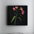 Vibrant Botanical Painting With Pink Yellow Flowers Green Stems And Leaves On Black Background