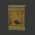 Yellow Wooden Storage Locker Cabinet With Multiple Compartments And Black Graffiti