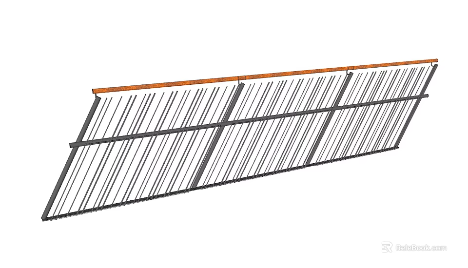 Modern Fence Structure With Diagonal Metal Bars And Wooden Top Rail 3d model 