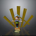 Child Standing On Stacked Books With Wooden Planks Wearing Blue Hat And Colorful Outfit