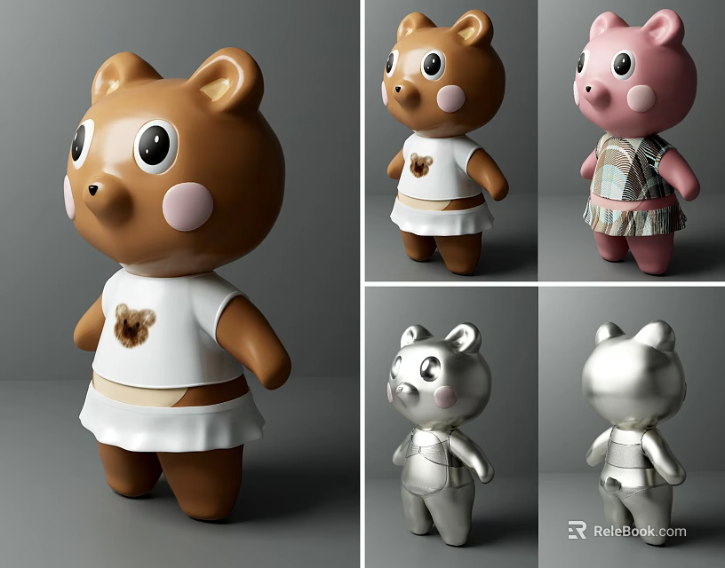 Cute Bear And Pig Figurine Decorative Ornament Set With Various Colors And Outfits 3d model 