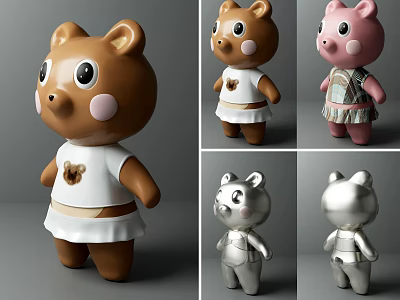 Cute Bear And Pig Figurine Decorative Ornament Set With Various Colors And Outfits 3d model