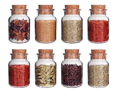 Wall Decor Showcasing Transparent Glass Jars With Cork Stoppers And Different Spices 3d model