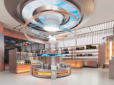 Modern Mall Store Interior With Circular Ceiling Lights Display Counter And Product Shelves 3d model