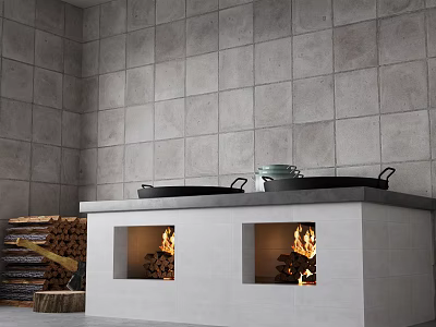 Rustic Kitchen With Stone Tile Walls And Double Fireplace Design 3d model