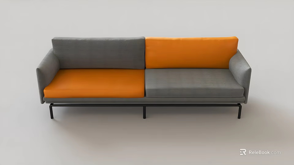 Modern Double Sofa With Gray Orange Split Color Cushions And Metal Legs 3d model