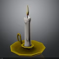 Burning White Candle On Yellow Candle Holder With Tray And Flame
