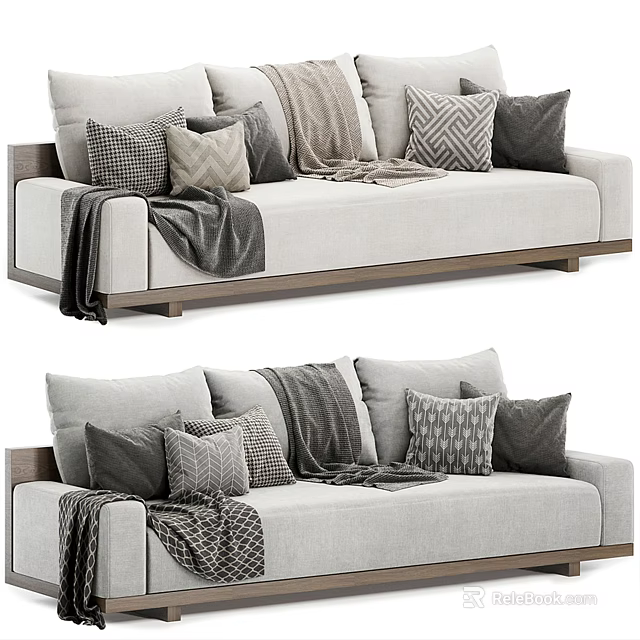 Modern Light Gray Sectional Sofa with Patterned Cushions Cozy Throw Blanket and Wooden Frame 3d model