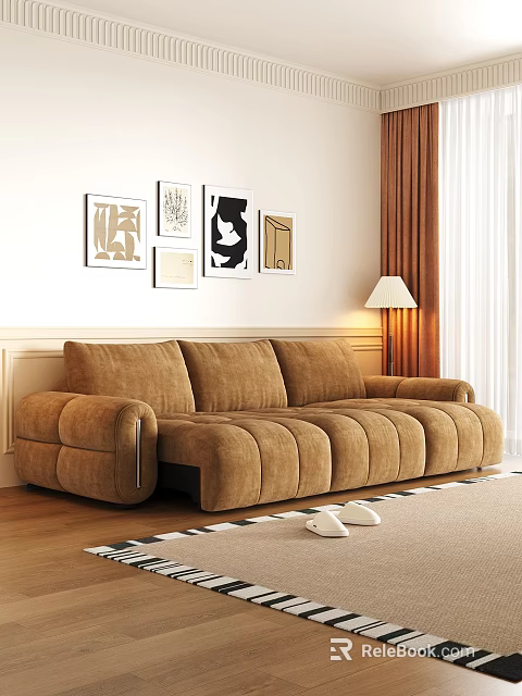 Large Brown Multi Seat Sofa In Living Room With Decorative Paintings And Floor Lamp 3d model 