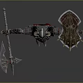 Game and Movie Armored Character with Horned Helmet Sword Shield and Red Cape