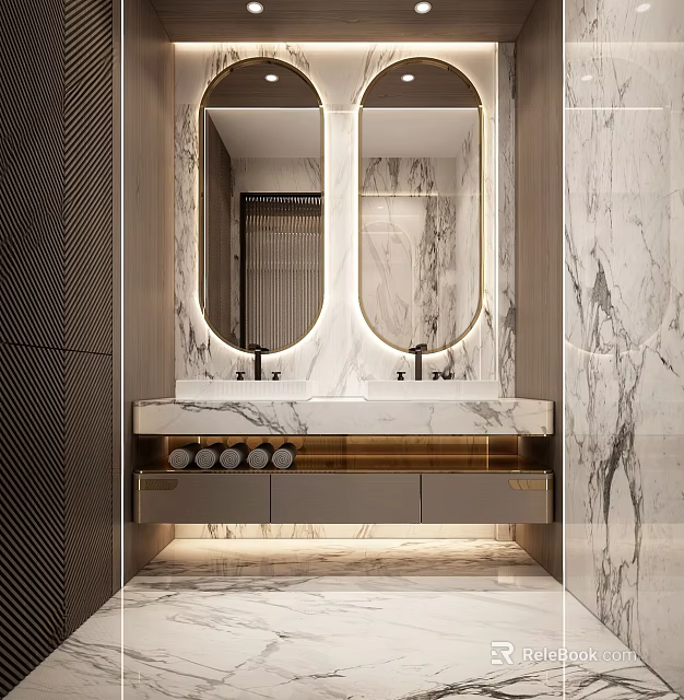 Modern Public Toilet Interior Design With Marble Vanity Double Mirrors And Ambient Lighting 3d model 
