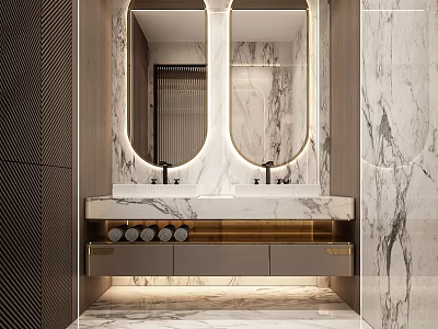 Modern Public Toilet Interior Design With Marble Vanity Double Mirrors And Ambient Lighting 3d model