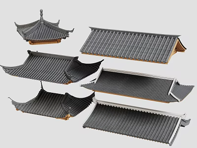Traditional Architectural Roof Components Featuring Various Tile Patterns And Eave Designs 3d model
