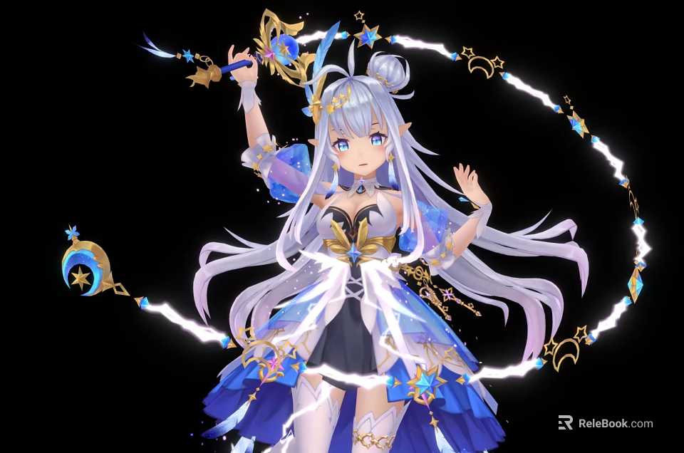 Magical Anime Game Character With Long White Hair Blue Dress And Star Decorated Magic Staff 3d model 