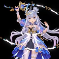 Magical Anime Game Character With Long White Hair Blue Dress And Star Decorated Magic Staff
