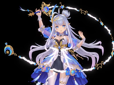 Magical Anime Game Character With Long White Hair Blue Dress And Star Decorated Magic Staff 3d model