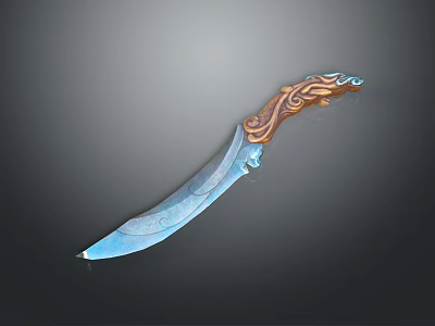 Decorative Knife With Carved Wooden Handle And Blue Blade Featuring Intricate Patterns And Elegant Design 3d model