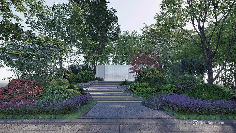 Beautiful Park Landscape With Stone Steps Colorful Trees Purple Flower Beds And Paved Path 3d model 