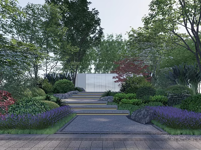 Beautiful Park Landscape With Stone Steps Colorful Trees Purple Flower Beds And Paved Path 3d model