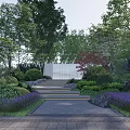 Beautiful Park Landscape With Stone Steps Colorful Trees Purple Flower Beds And Paved Path