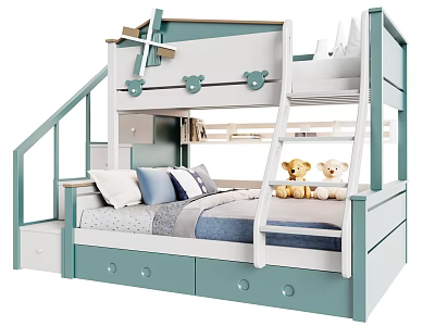 Airplane Themed Kids Bunk Bed With Blue White Staircase Storage Drawers And Teddy Bears 3d model