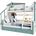 Airplane Themed Kids Bunk Bed With Blue White Staircase Storage Drawers And Teddy Bears