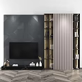 Modern Wooden Black TV Wall Unit With Bookshelves Decorative Vase Sculpture And TV